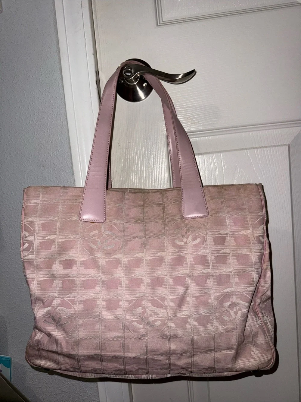 Vintage CHANEL Pink Signature Canvas Tote with Leather Handles